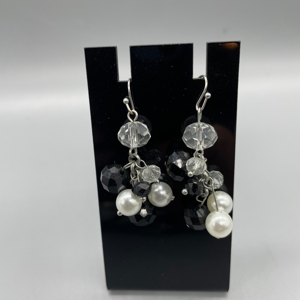 Black White Pearl Crystal Cluster‎ Drop Earrings Silver Tone French Wire Dangle
